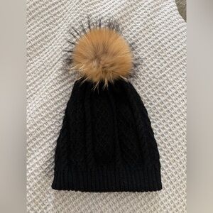 Black Knit Beanie with Removable Fur Pom